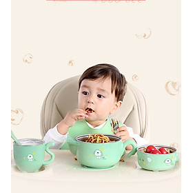Bộ bát ăn dặm có nắp cho bé 5 món Hàng Của ĐỨC giữ nhiệt + chống rơi vỡ + chống tràn (xanh)