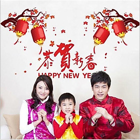  Decal dán tường tranh trí tết mã HAPPY NEW YEAR - Tranh dán tết HAPPY NEW YEAR có keo sẵn