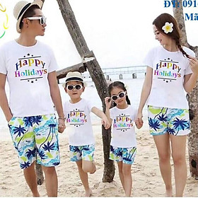 Đồ đi biển dành cho gia đình quần dừa áo in họa tiết Happy Holiday xinh xắn ( giá 1 bộ gồm 1 quần +1 áo)
