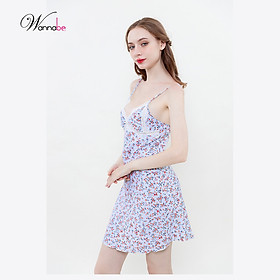 Đầm ngủ lụa WANNABE váy ngủ DNS93 áo ngủ 2 dây nhúng phồng cúp ngực phối ren lượn sóng tạo sự đầy đặn cho vòng 1 bạn gái