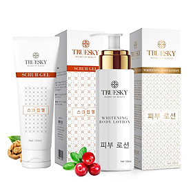 Bộ sản phẩm Truesky VIP15 gồm 1 kem dưỡng trắng toàn thân 100ml & 1 tẩy tế bào chết 100ml