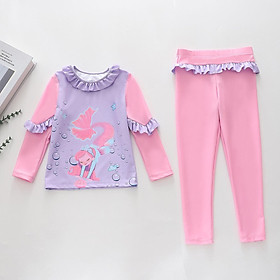 Set đồ bơi 2 chi tiết gồm áo bơi dài tay và quần dài cho bé gái nàng tiên cá tím phối bèo xinh xắn