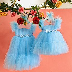 Váy công chúa đầm công chúa thiết kế màu xanh đính nơ điệu đà cùng chân váy kiểu đuôi cá điệu đà cho bé gái