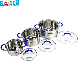 Mua Bộ 3 nồi 5 đáy Inox Povena không bị nổi đáy  dùng được trên bếp ga  bếp hồng ngoại  bếp từ  (Màu Bạc) -Hàng Chính Hãng