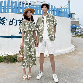 SET ÁO ĐÔI, ĐỒ CẶP NAM NỮ ÁO SƠ MI ĐẦM MAXI XẺ TÀ HỌA TIẾT HOA LÁ ĐI BIỂN ĐẸP