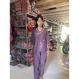 Áo lam phật tử đi chùa thêu sen cổ tim