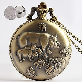 Đồng Hồ Pin Bỏ Túi Cổ Điển 12 Con Giáp Tuổi Hợi Heo Tặng 2 Pin