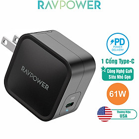 Adapter Sạc 1 Cổng Type-C 61W Công Nghệ GaN Hỗ Trợ Sạc Nhanh PD Power Delivery RAVPower RP-PC112 Với Đầu AC Gập - Hàng Chính Hãng
