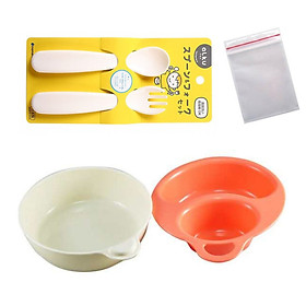 Combo 2 bát kèm bộ thìa dĩa tập ăn cho bé Inomata kèm 2 zipper 12cm