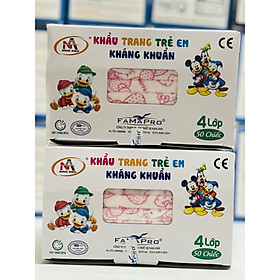 Combo 2 Hộp Khẩu trang trẻ em kháng khuẩn Famapro (Hộp 50 cái - Màu Hồng Kitty)