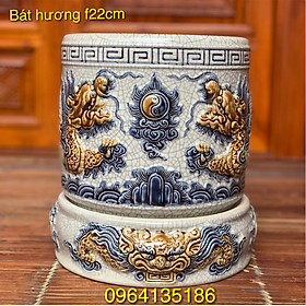 Bát hương thờ f22cm men rạn đắp rồng nổi gốm sứ Bát Tràng