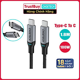 Dây Cáp Sạc Nhanh USB Type C to Type C 100W Dài 1.8M Chuyên Sạc Cho iPhone 15, iP16, Macbook, Laptop, Smartphone CHOETECH XCC-1002-GY - Hàng Chính Hãng