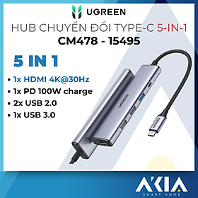 Hub Ugreen USB Type-C 5in1 CM478 15495 - Có cổng HDMI 4K, Hỗ trợ sạc PD - Hàng chính hãng