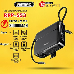 Sạc dự phòng 20000mAh kiêm củ sạc Remax RPP 553 thiết kế kèm dây sạc nhanh 27w cho 14 Serie - Hàng Chính Hãng Remax