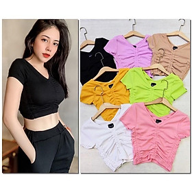 Áo Croptop Thun Gân Kiểu Nhún Rút Dây Ngắn Tay Thời Trang From Ôm Body Chuẩn Dáng Siêu Xinh Giá Rẻ Hở Eo Vải Dày Cá Tính