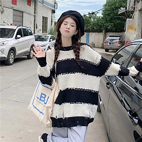 Áo len nữ Montoghi dệt kim kiểu RÁCH dáng DÀI kẻ sọc phong cách năng động