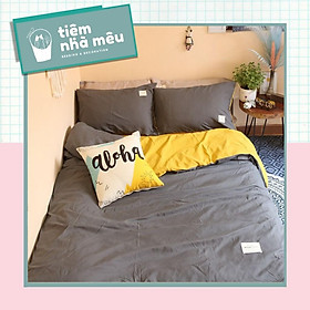 Bộ Chăn Ga Gối Cotton TC Nhập Hàn m6/m8/2m - Tiệm Nhà Mêu 2 Vỏ gối ,drap , vỏ chăn MÀU XÁM GA VÀNG