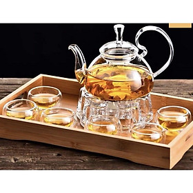 Mua Bộ ấm trà thủy tinh tay vồng 600ml kèm khay và đế đun