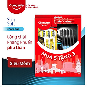 Bộ 5 Bàn chải đánh răng Colgate than hoạt tính kháng khuẩn SlimSoft Charcoal mềm mảnh tặng 3 Bàn chải