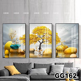 Tranh treo tường canvas 3 bức phong cách hiện đại Bắc Âu 169, tranh hoa đào trang trí phòng khách, phòng ngủ, phòng ăn