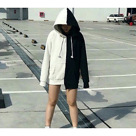 Hình ảnh (40-58kg) Áo hoodie unisex chất nỉ bông mỏng may phối 2 màu. Có ảnh thật. trắng/đen - xanh la/đen