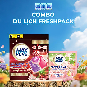 Combo Du Lịch FreshPack Maxpure: Túi Viên Giặt Hương Đắm Say + Dây Nước Xả Hương Coco (10 Gói) | Sạch Thơm, Tiện Lợi