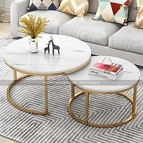 Nội Thất Moonly Bàn Sofa - Bàn Trà Đôi Ngồi Bệt Phòng Khách Chất Liệu Đá Ceramic Chân Sắt Mạ Vàng PVD KT 80x43 và 60x40