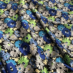 Vải lụa Pháp cao cấp co giãn 2 chiều họa tiết hoa cúc tone xanh