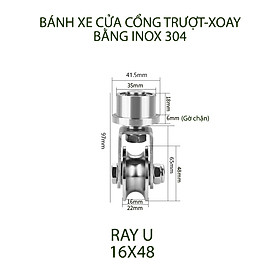 Bộ bánh xe cho cửa cổng trượt-lùa kiêm xoay 360 độ, làm bằng inox 304, Kích thước 16x48mm (có gờ chặn)