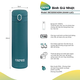 Bình Giữ Nhiệt Carez IBC325SC420N - 420ml, Inox 316, Không chứa BPA - Giữ nóng đến 8 tiếng, giữ lạnh đến 24 tiếng - Hàng chính hãng