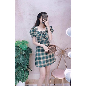Đầm caro cổ vuông nơ ngực dáng A nữ DN359