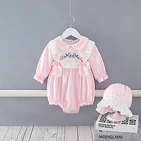 Mùa Thu Bodysuits Bé Tập Đi Một Mảnh Cổ Peter Pan Thêu Tai Cho Bé Một Bộ Quần Áo Bé Gái Có Nón 0-2Y - 6m