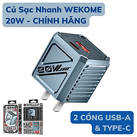 Bộ Củ Sạc Nhanh 20W WEKOME WP-U146 2 cổng USB-A/TYPE-C hỗ trợ sạc nhanh 50% pin chưa đầy 30 phút cho IP 