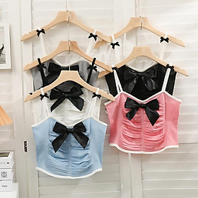 MS625 Áo hai dây nữ kiểu rúm ngực đính nơ croptop