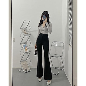 Cho M60 trở xuống Quần loe một nút nữ Mixiz lưng cạp cao vải cát Nhật co giãn bốn chiều màu đen