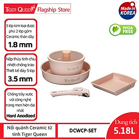 Bộ nồi Ceramic tay cầm rời từ tính Tiger Queen DCWCP-SET [5 món] - Màu hồng hoa anh đào - Chính hãng