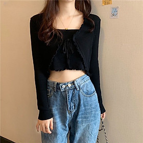 Bộ Áo Cardigan Viền Bèo Buộc Dây Kèm Áo 2 Dây Nữ 2