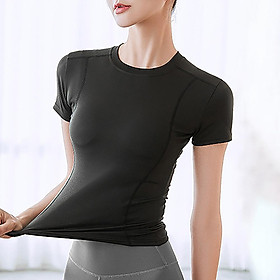 Áo thun thể thao nữ ngắn tay cổ chữ O ôm sát, áo tập Gym, yoga-Màu đen-Size