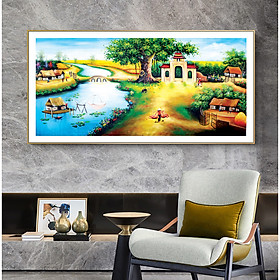 Tranh Sơn dầu Phong cảnh Làng quê Việt Nam nghệ thuật. , Khung hợp nhôm chống ẩm, bền, đẹp, nhiều kích thước. Phù hợp nhiều không gian sang trọng