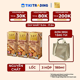 Lốc 3 hộp Sữa hạt Hạnh nhân Nguyên chất 137 DEGREES 180ml - ĐƠN 399K TẶNG TÚI