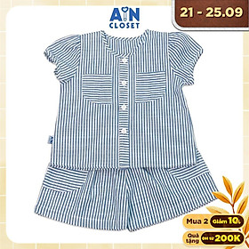 Bộ quần áo ngắn bé gái họa tiết Kẻ sọc xanh linen cotton - AICDBGKTI3OG - AIN Closet
