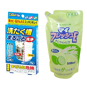 Combo Gói tẩy vệ sinh lồng giặt 70g và Nước rửa chén hương chanh loại túi 500ml Rocket nội địa Nhật Bản