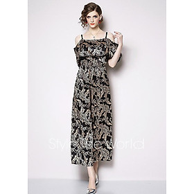 Jumpsuit Dài Nữ Tính Kiểu Jumpsuit 2 Dây Phủ Bèo In Hoa Văn S1705