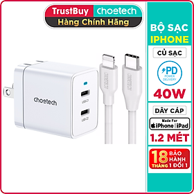 Bộ Củ Sạc Nhanh Cho iPhone iPad CHOETECH Q5006 40W 2 Cổng Type-C 20W Và Dây Cáp Type-C to Lightning CHOETECH IP0040 Chứng Nhận MFI Dài 1.2M - Hàng Chính Hãng