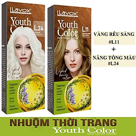 Vàng Rêu Sáng - Combo 2 Kem Nhuộm Tóc Màu Thời Trang Lavox Youth&Color L11 Vàng Rêu Sáng + L24 Nâng Tông Màu (Sử Dụng Màu L24 Để Nâng Tông Màu Tóc Trước Khi Nhuộm Màu Nhuộm L11 Vàng Rêu Sáng )