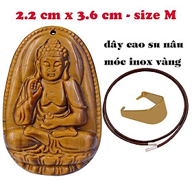 Hình ảnh Mặt Phật A di đà đá mắt hổ 3.6 cm kèm vòng cổ dây cao su nâu - mặt dây chuyền size M, Mặt Phật bản mệnh
