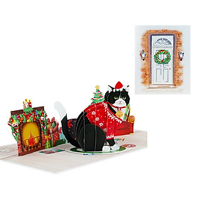 X45 -  THIỆP NOEL 3D MÈO MẶC ÁO LEN ĐỎ