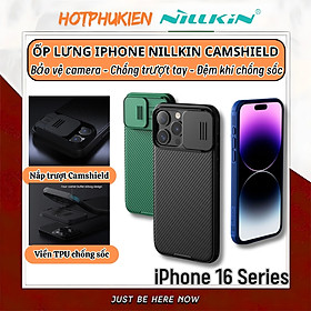 Ốp lưng chống sốc nắp trượt bảo vệ camera cho iPhone 16 / 16 Plus / 16 Pro / 16 Pro Max hiệu Nillkin Camshield - Viền TPU, đệm khí chống sốc, Lưng nhám PC - Hàng nhập khẩu - Màu xanh lá - iPhone 16 Pro
