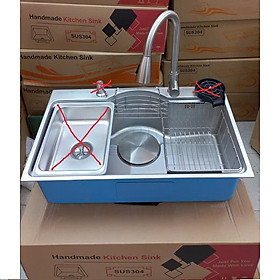 Chậu rửa bát inox304 bán nguyệt 5li chống xước 7546 Valenza, vòi rửa bát rút dây nóng lạnh 01, bộ xả 18cm, khay inox, rổ inox lỗ, bình rửa bát, rửa ly cốc