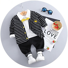 Set vest công tử cho bé trai thun cotton kẻ đen trắng TQB022 gồm 3 chi tiết (áo thun dài tay + áo lilen dài tay khoác ngoài + quần dài)